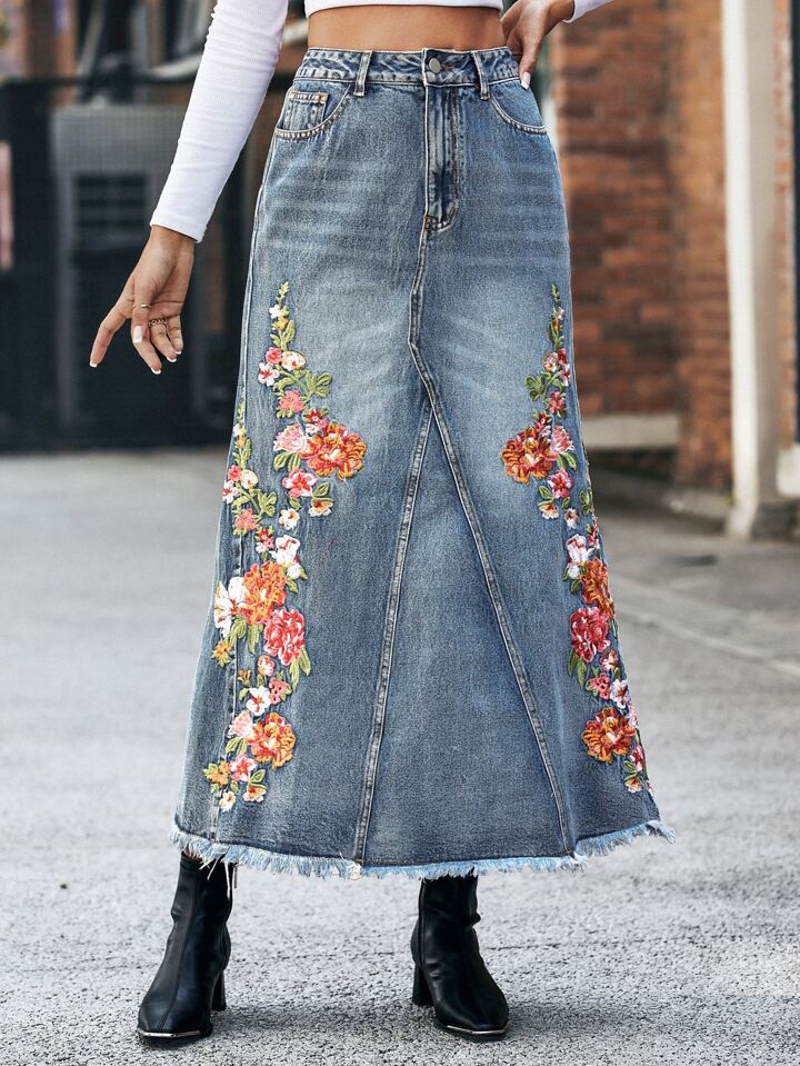 Embroidered Denim Skirt